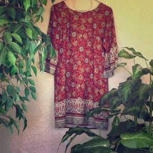 red orange and cream printed smock dress